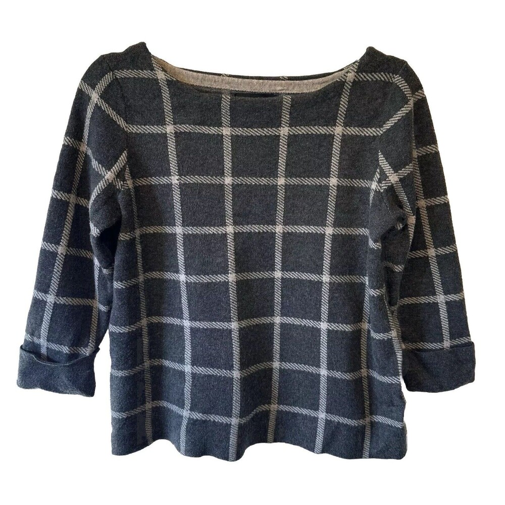 Cynthia Rowley Sweater Women Size‎ Small Grey Plaid 3/4 Sleeve Preppy Academia